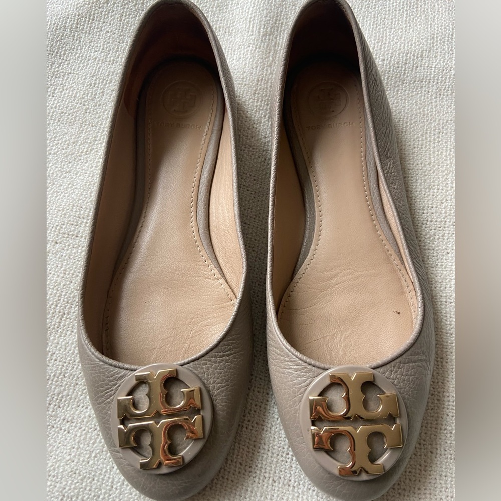 Tory Burch Taupe Leather Logo Ballet Flats with Gold Emblem